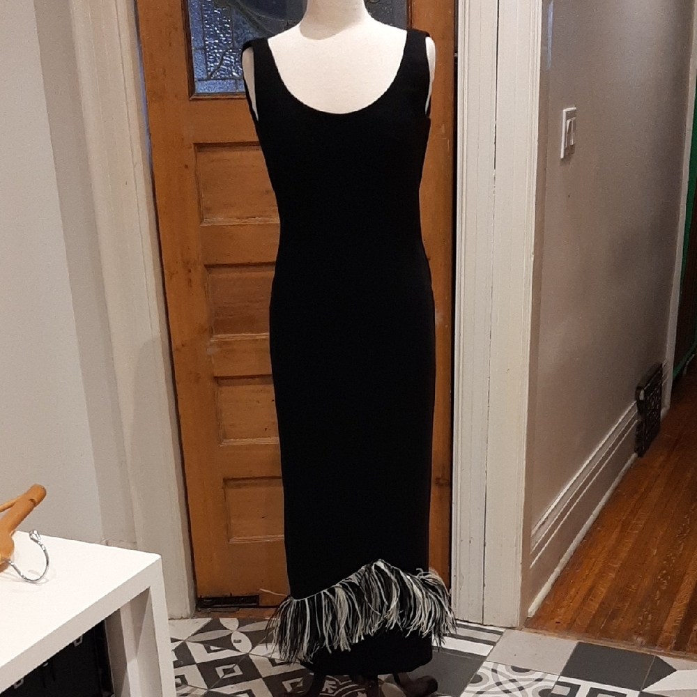 VINTAGE 60s a la Holly GOLIGHTLY BLACK EVENING DRESS FEATHER TRIM SZ 10